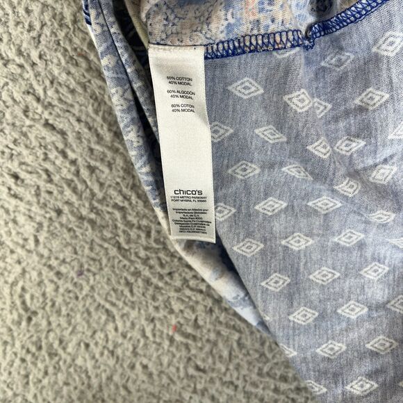 Chico's Blouse Womens 2 Blue Paisley Large Short Sleeve Roll Tab Pullover V Neck - Picture 10 of 10